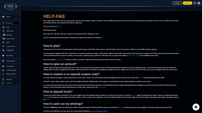 lincoln-casino support screenshot