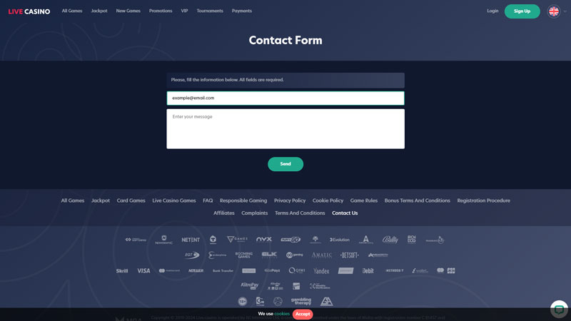 livecasino support screenshot