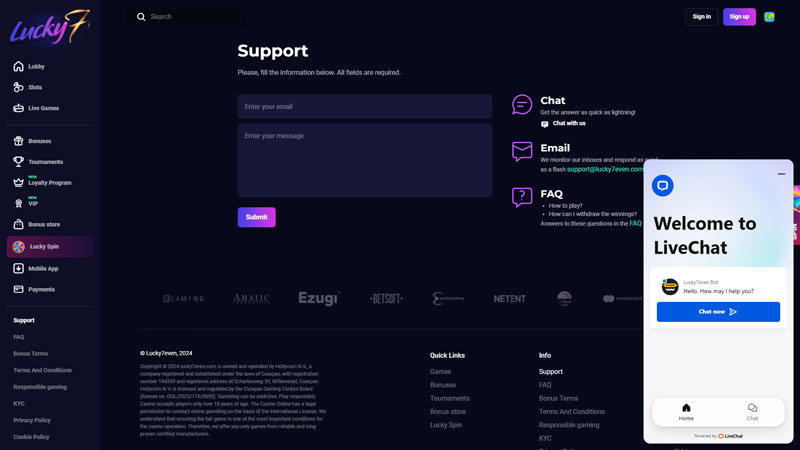 lucky7 support screenshot