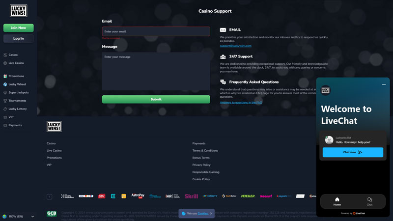 luckywins support screenshot