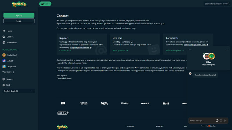 luckzie support screenshot