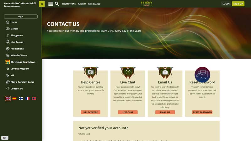 lumo-casino support screenshot