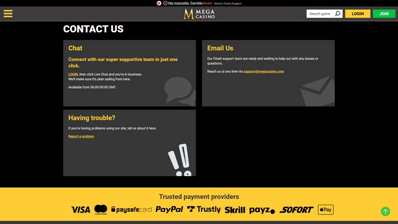 mega-casino support screenshot