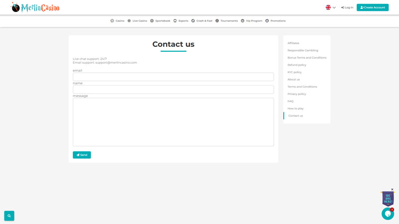 merlin-casino support screenshot