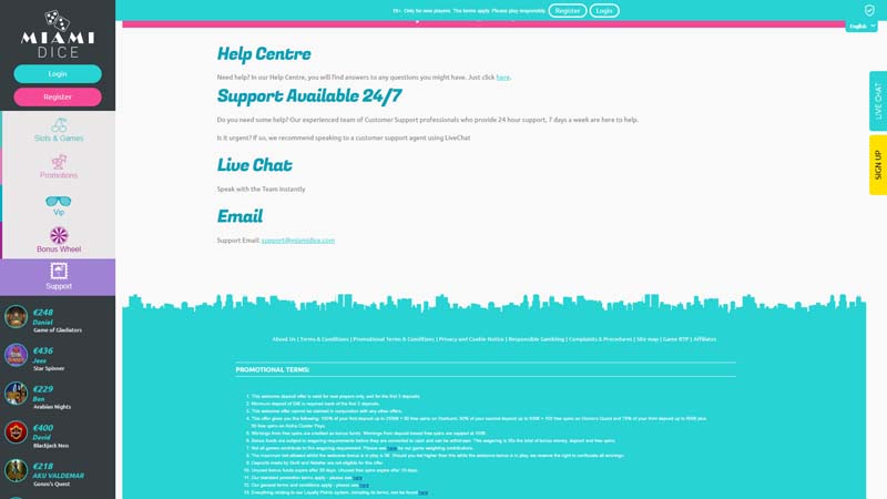 miami-dice-casino support screenshot