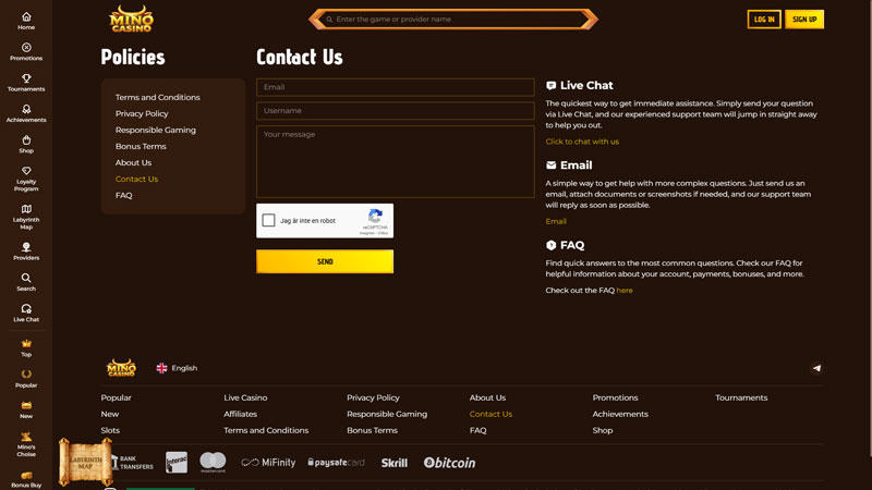 mino-casino support screenshot