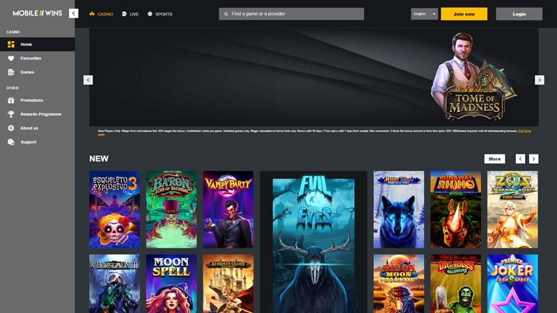 mobile-wins-casino lobby screenshot