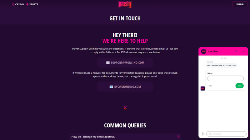 monsino support screenshot