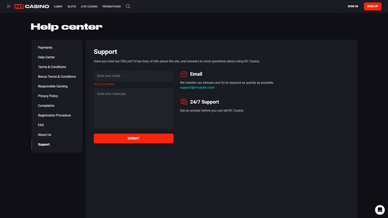 n1-casino support screenshot