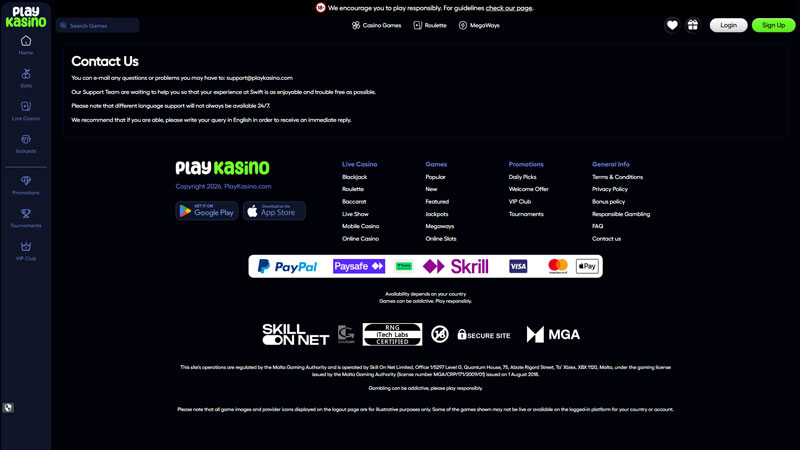 playkasino support screenshot