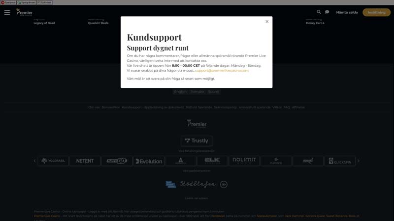 premier-live-casino support screenshot