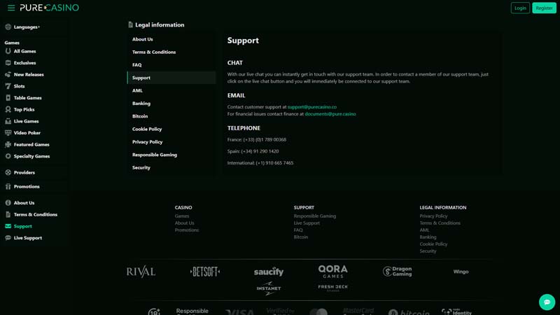 purecasino support screenshot