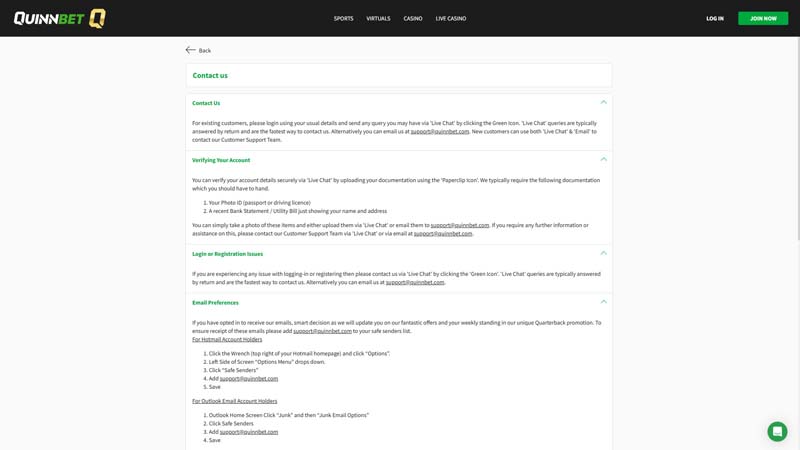 quinnbet support screenshot