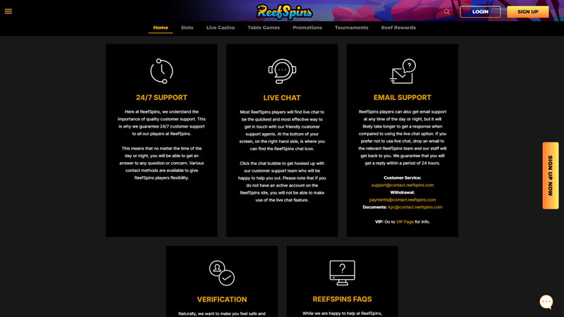 reefspins support screenshot