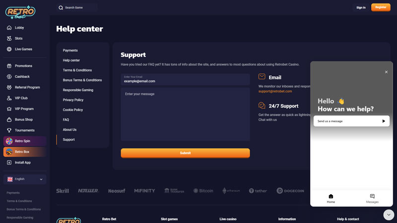 retro-bet support screenshot