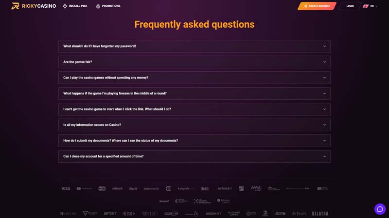 rickycasino support screenshot