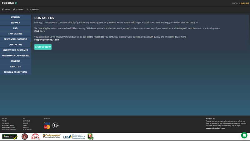 roaring21-casino support screenshot