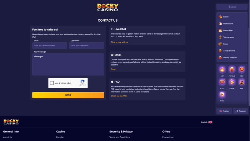 rocky-casino support screenshot