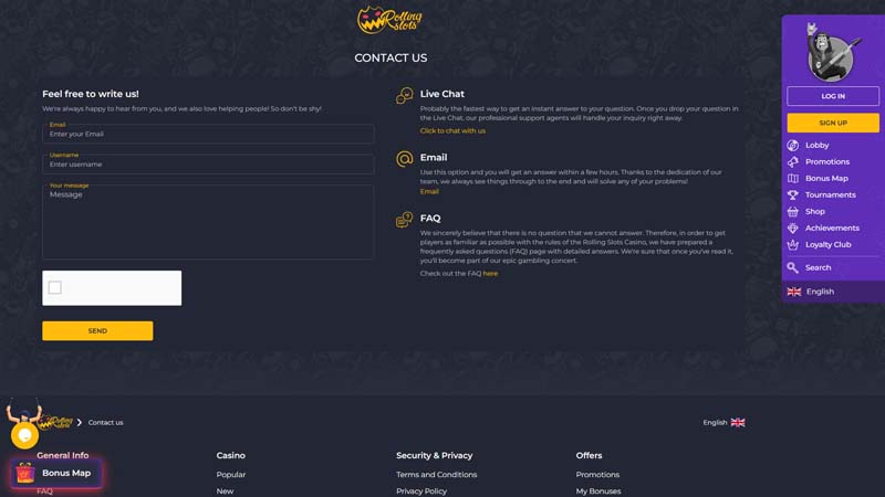 rollingslots support screenshot