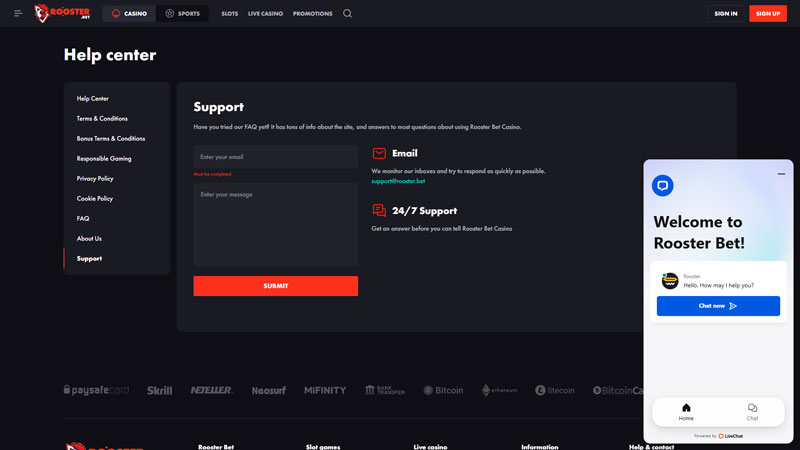 rooster-bet support screenshot