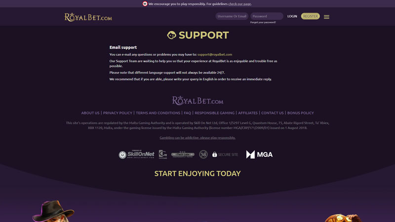 royalbet support screenshot