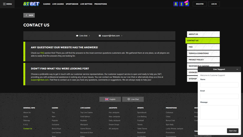 rtbet support screenshot