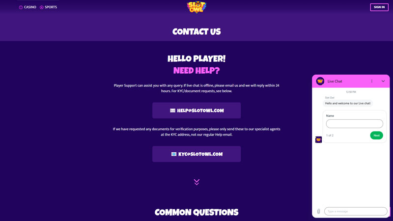 slot-owl support screenshot