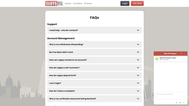 slots-uk support screenshot