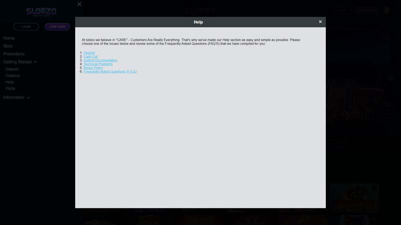 slotzo-casino support screenshot