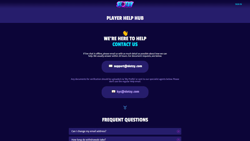 slotzy support screenshot