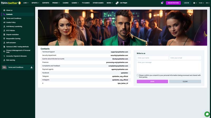 spinbetter support screenshot