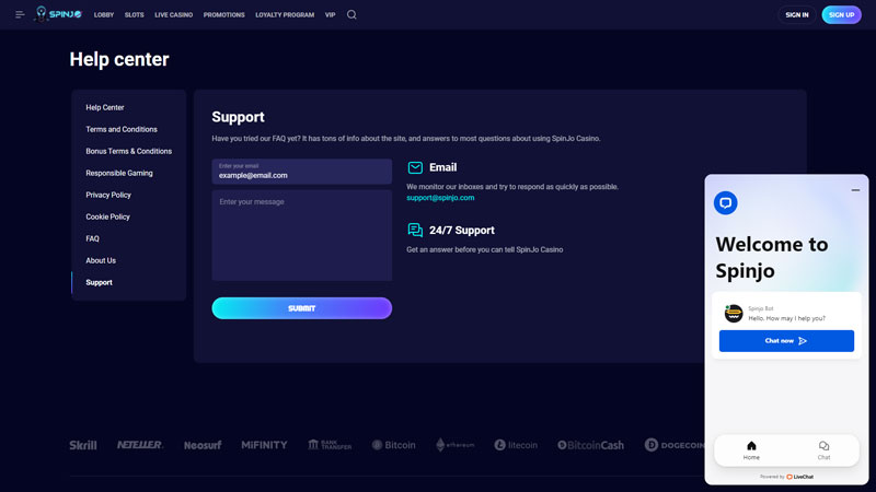 spinjo support screenshot