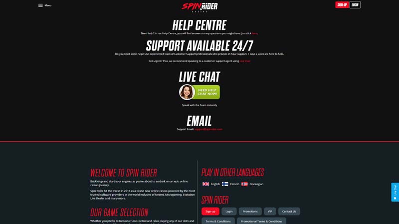 spinrider-casino support screenshot