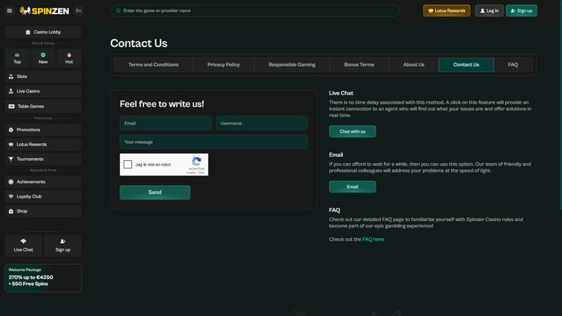 spinzen support screenshot