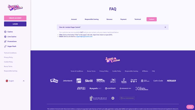 sugarcasino support screenshot