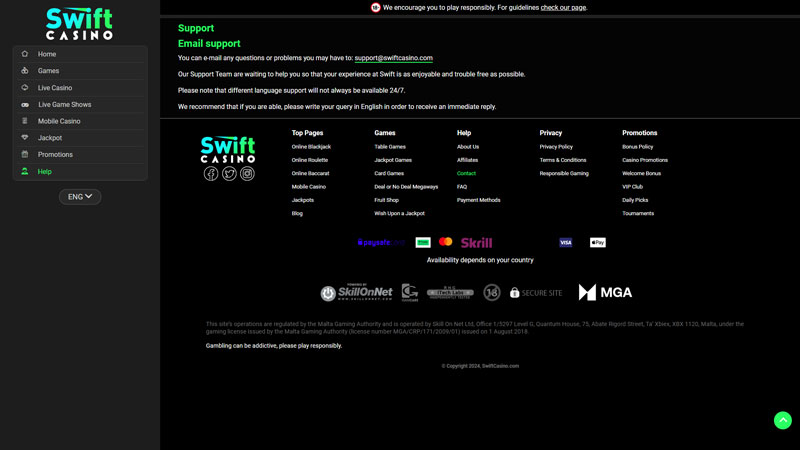 swift-casino support screenshot