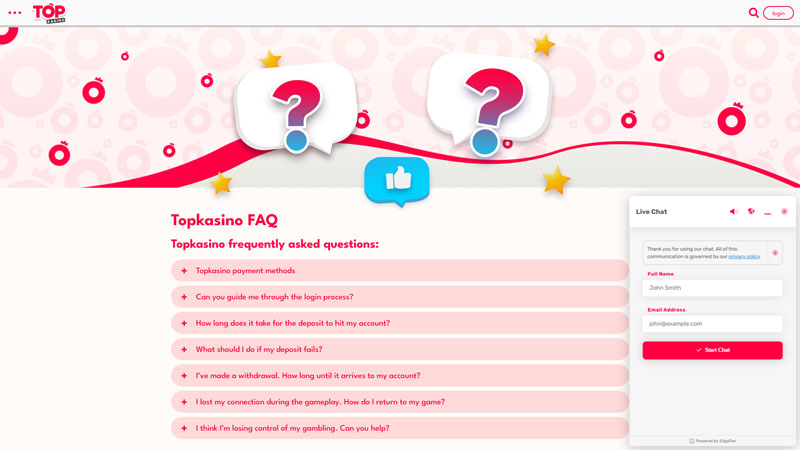 topkasino support screenshot