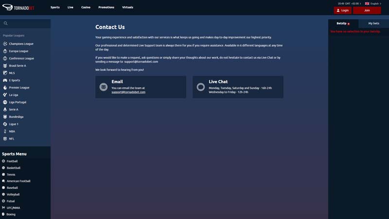 tornadobet support screenshot