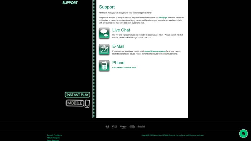 uptown-aces-casino support screenshot