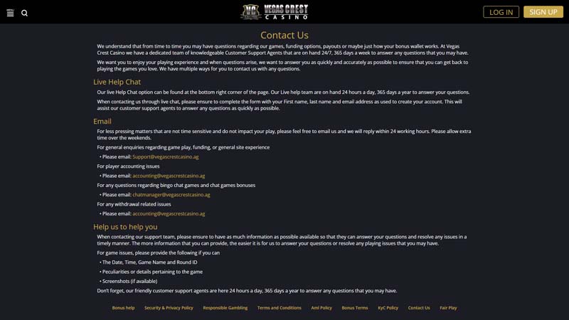 vegas-crest-casino support screenshot