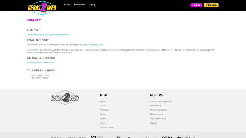 vegas2web-casino support screenshot