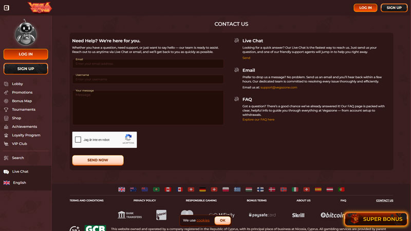 vegazone support screenshot