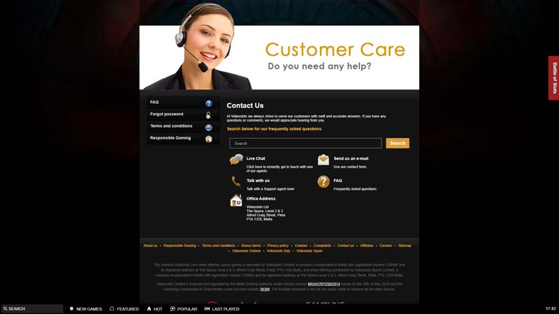 videoslots-casino support screenshot