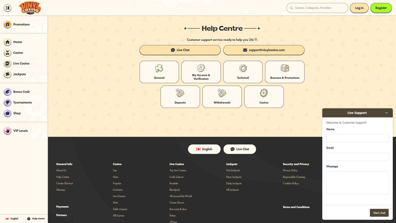 vinylcasino support screenshot