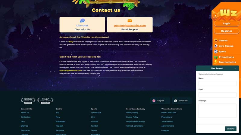 wazamba-casino support screenshot