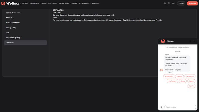 wettson support screenshot