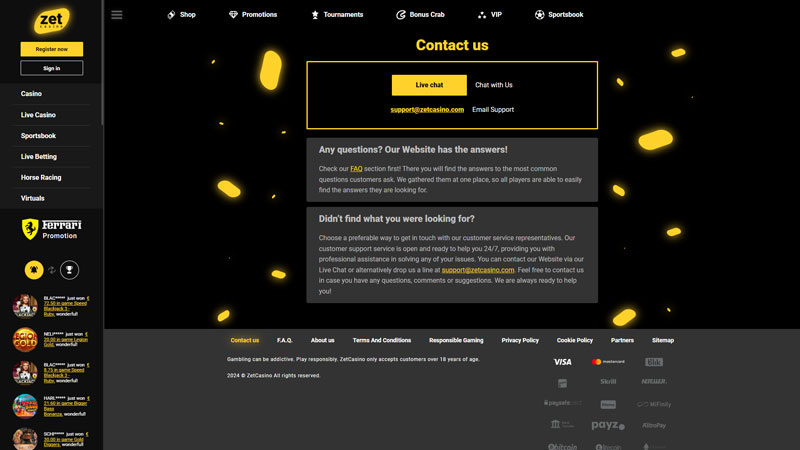 zet-casino support screenshot