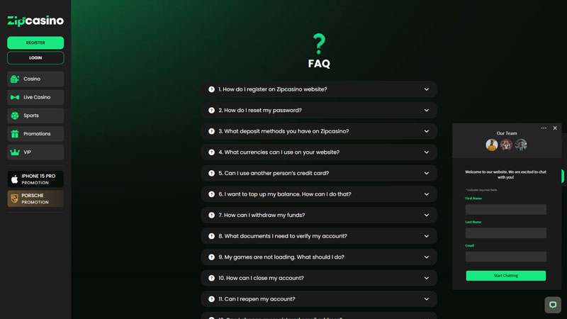 zipcasino support screenshot